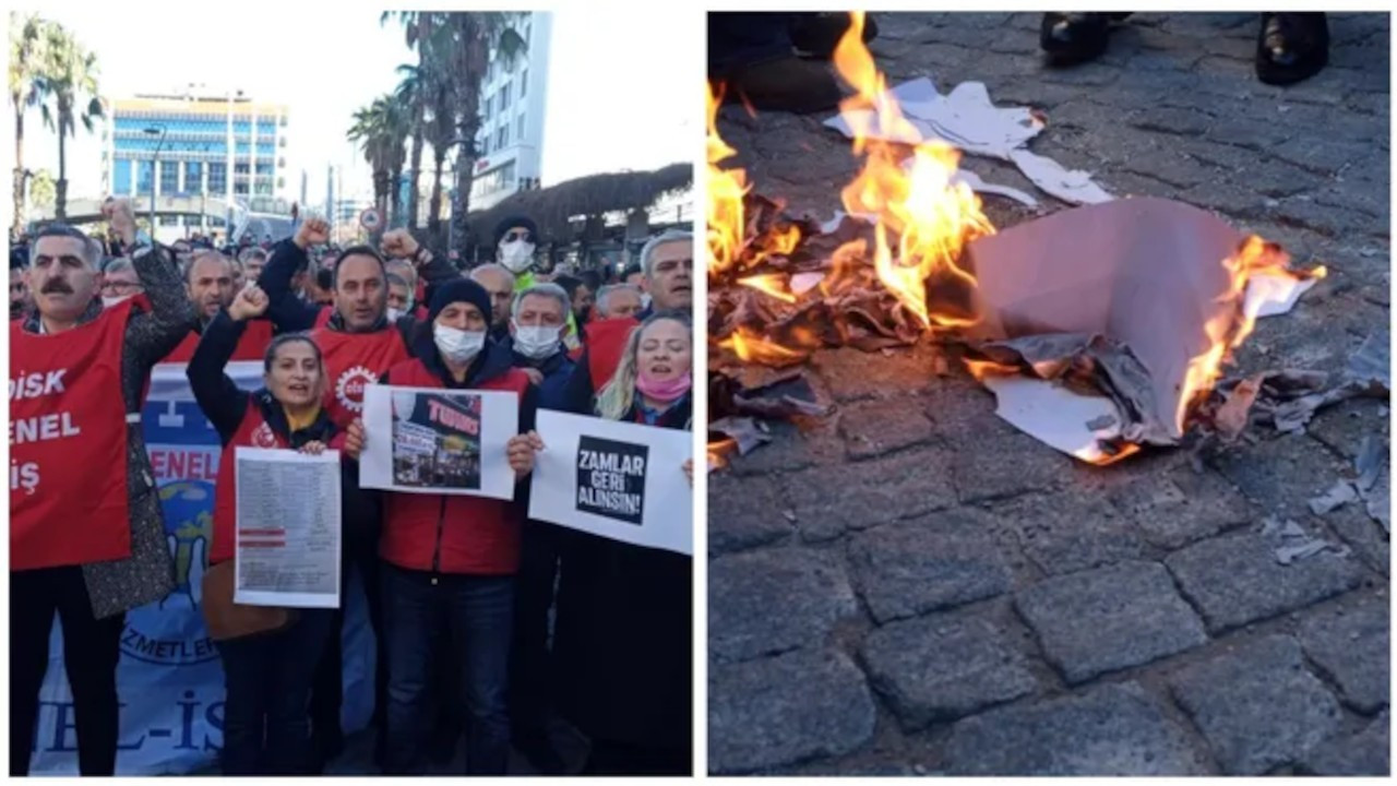 Turkish union workers and civil servants set utility bills on fire to protest price hikes