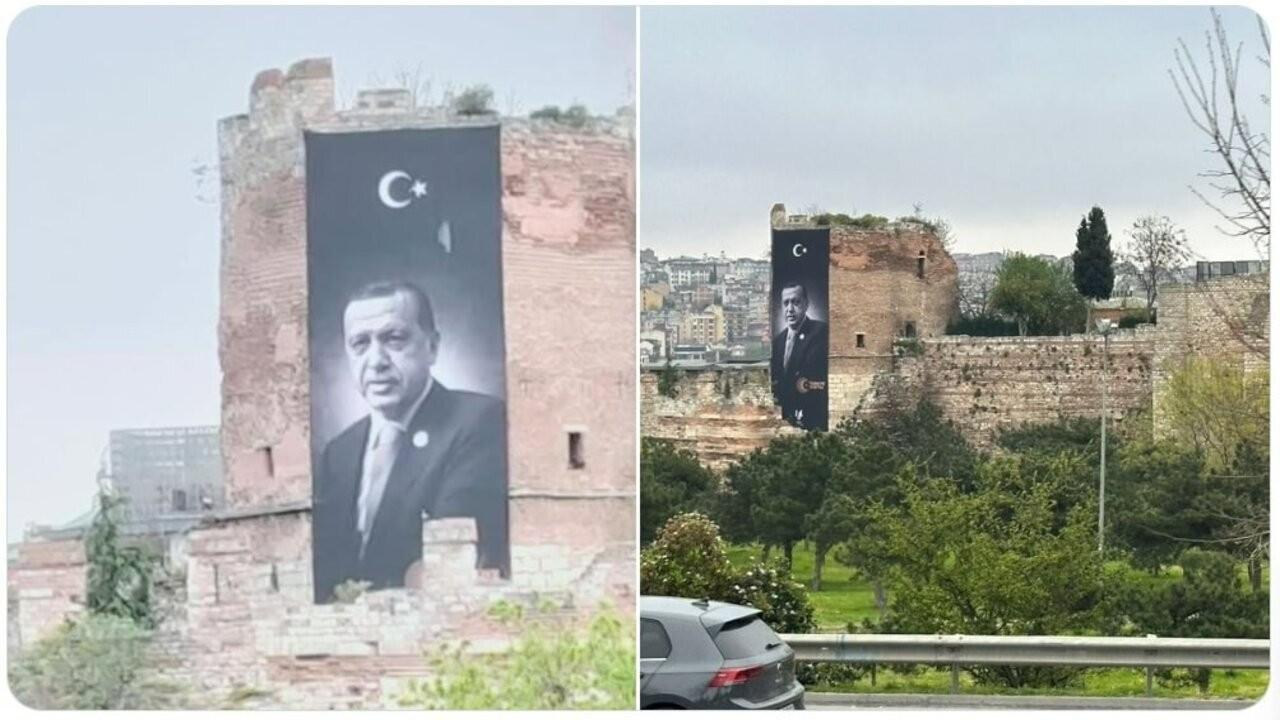 President Erdoğan’s poster removed from Istanbul's historic city walls
