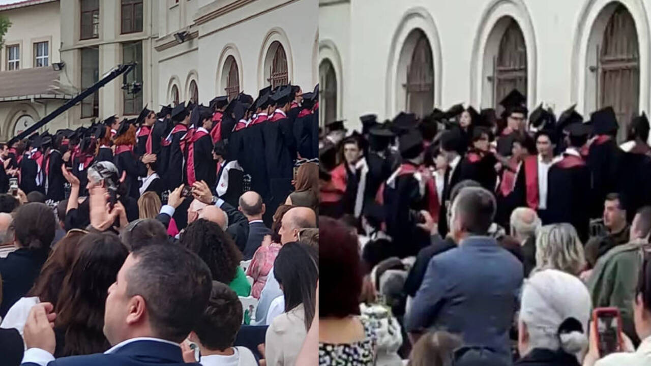 Istanbul high school graduates protest principal's defense of child abuse during graduation ceremony