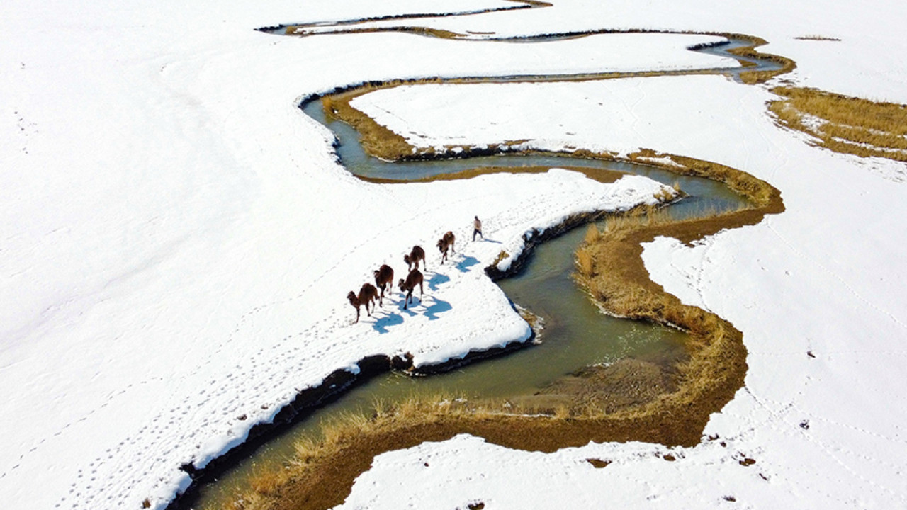 Snow-covered landscape unites with meander in Turkey’s eastern Van