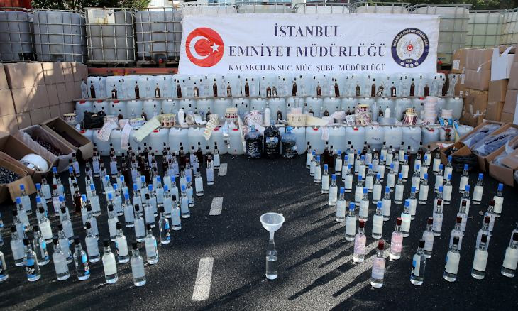 Istanbul police display 256 tons of counterfeit alcoholic beverages seized in operation