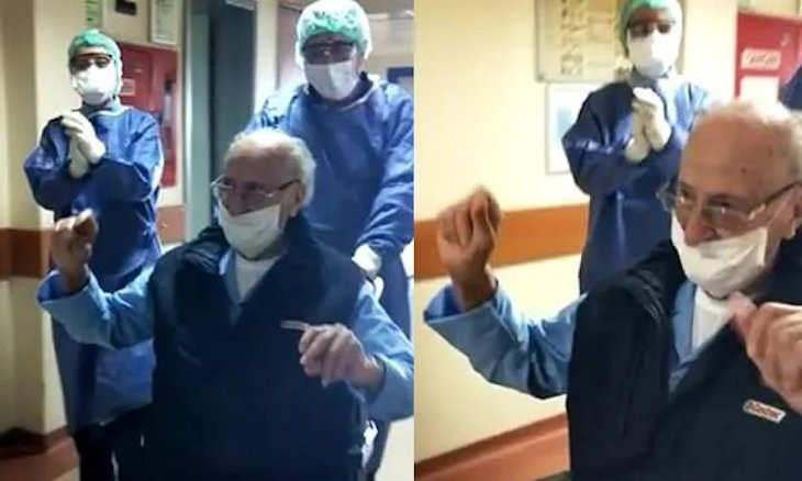 Healthcare workers celebrate when 95-year-old Turkish man recovered from coronavirus leaves hospital
