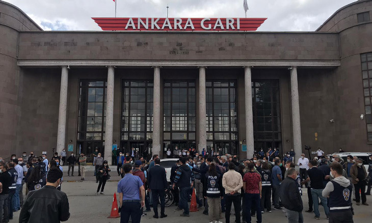 Turkey's transportation workers' march 'against unlawful layoffs' arrives at Ankara train terminal