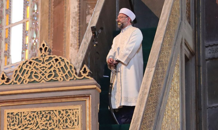 Turkey's top religious authority head delivers Friday sermon at Hagia Sophia with a sword in hand