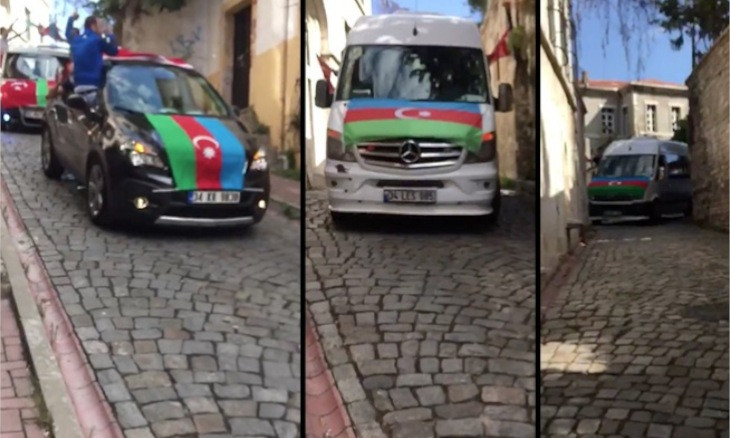 Vehicles displaying Azeri and Turkish flags this time tour Istanbul's Fener, Balat neighborhoods